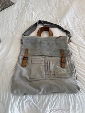 Diesel Gray Canvas Messenger Bag with Brown Leather Accents